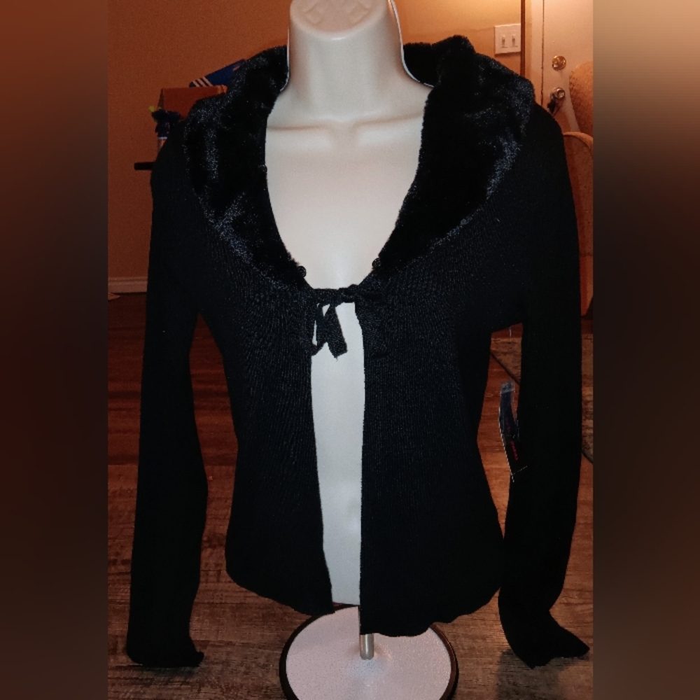 Fur collar cardigan black size large NWT